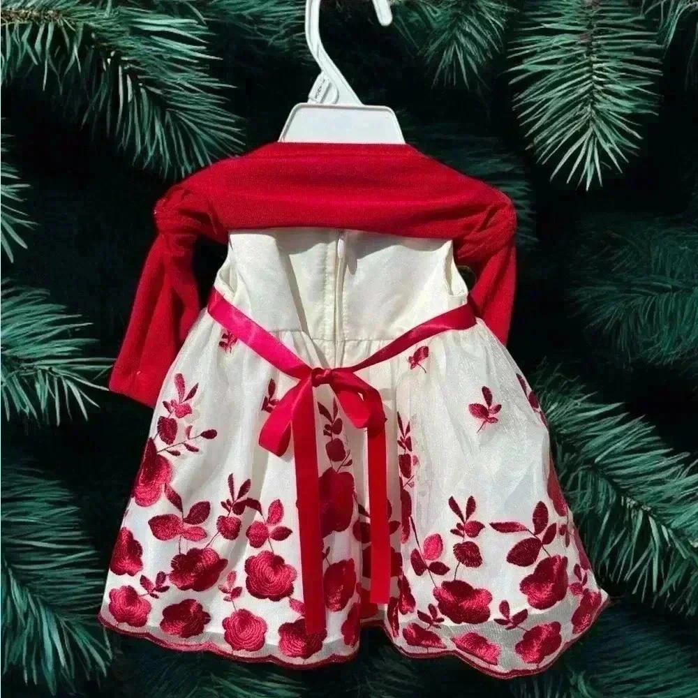 3-6mo Embroidered Christmas white and red Purple&Rose dress. Dsct w bundle.